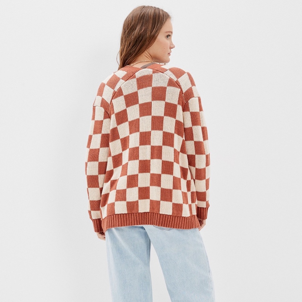 AE Checker Cardigan in Burnt Orange and Cream Size Medium Cotton Blend - Picture 2 of 10